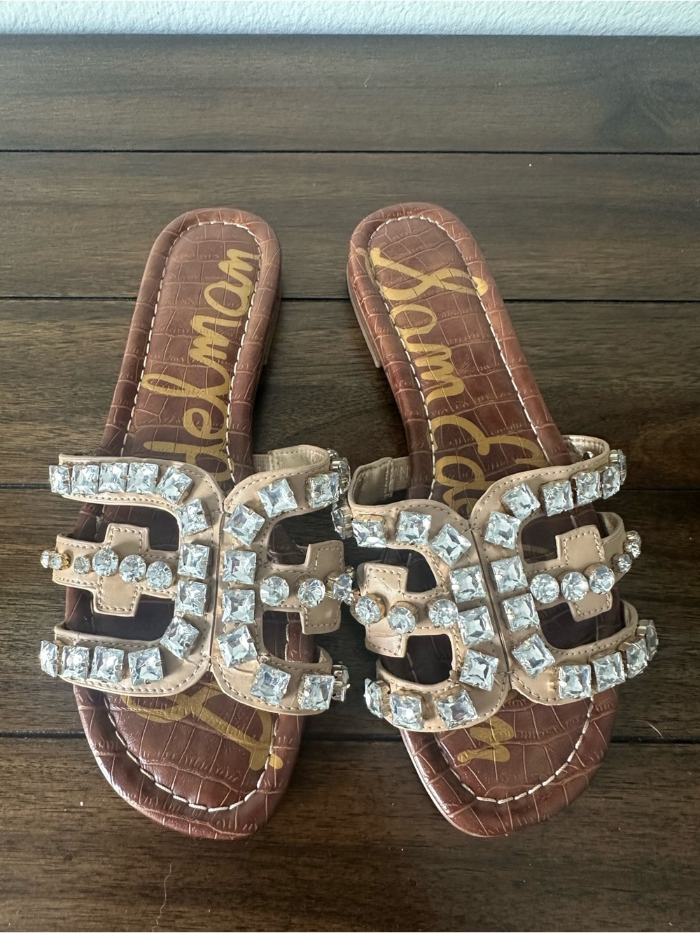 Sam Edelman Tan Slide Sandals with Crystal Embellishments